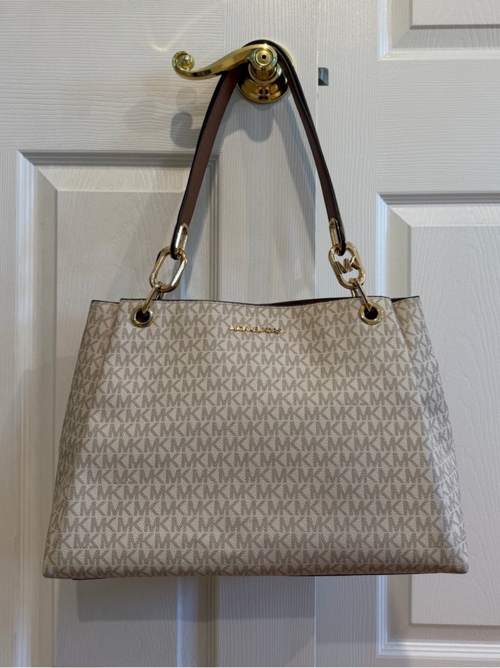 Michael Kors Trisha Cream Logo-Print Shoulder Tote with Brown Handles